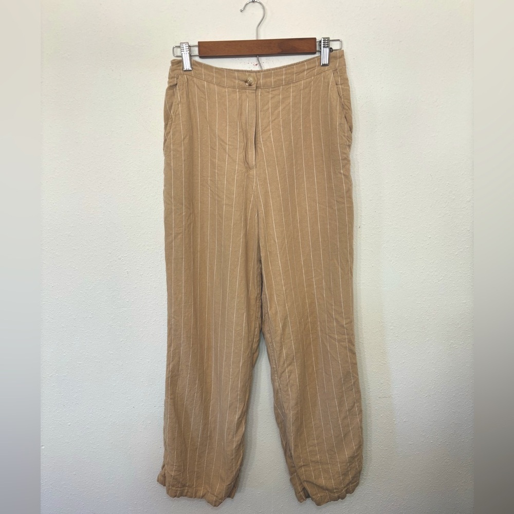 Skies Are Blue Small Tan Linen Cropped High Rise Pin Striped Pants‎ 73976 Latte - Picture 2 of 11